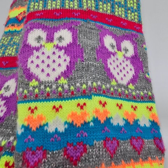 Colorful Knit Scarf With Owl Design & Pom-Pom Ends - Picture 4 of 6